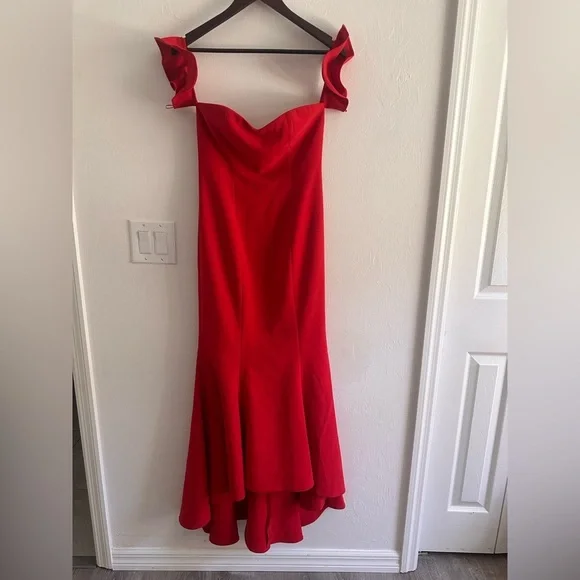 Likely Sunset Gown Drape Sleeve Ruffled Hem in Scarlet Red Sz 6 - Picture 2 of 9